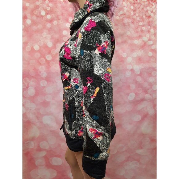 Vintage 80s 90s Pin Up Girl Print Jacket Coat Size M Charcoal Pink Simon Chang - Picture 8 of 12
